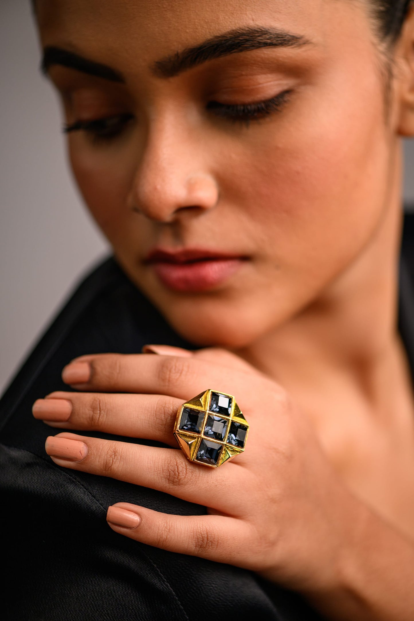 Checkers Square Crystal Ring