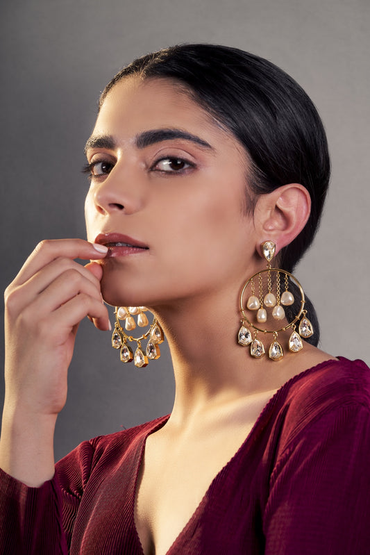 Majestic Statement Dangler Earrings - White Crystals