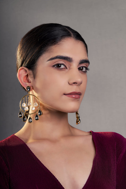 Majestic Statement Dangler Earrings - Black Crystals