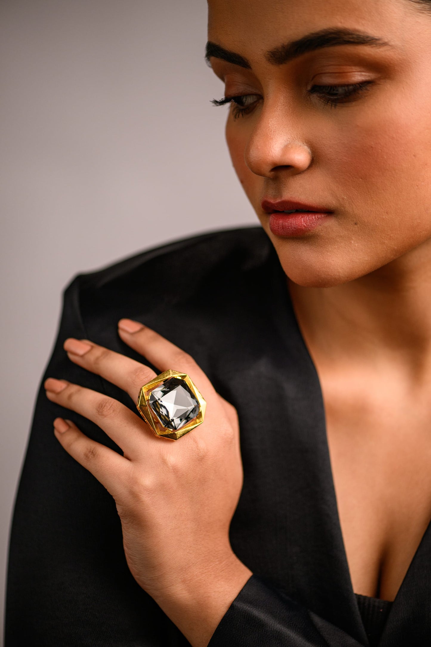 Goddess Statement Ring in Black Crystal