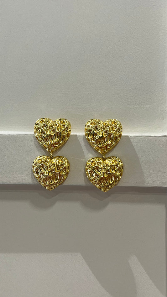 Double Heart Of Gold Dangler Earrings